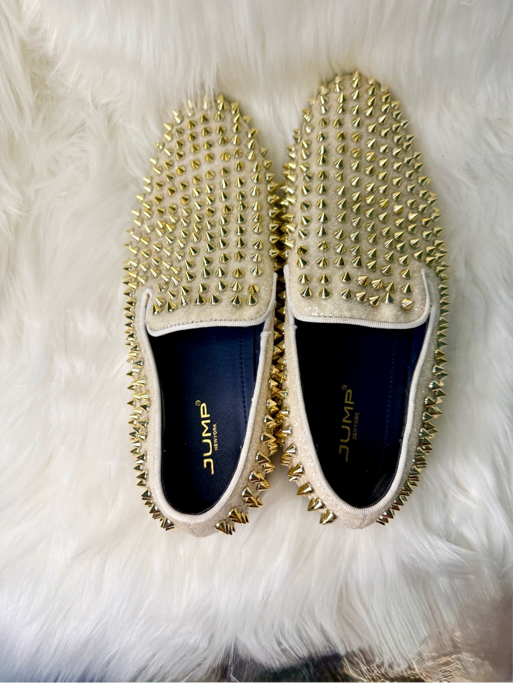 Pearl White Slip-On Men's Studded Loafers with Gold Spikes - Picture 5 of 6